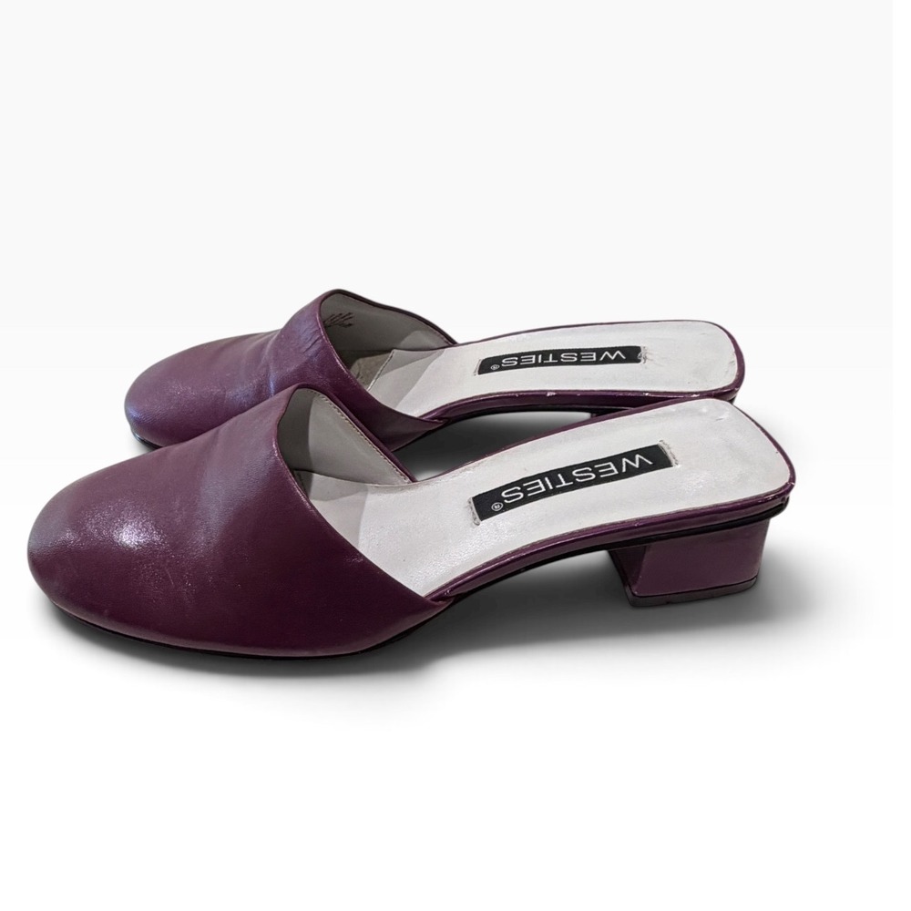 Vintage Westies Purple Patent Leather Kitten Heel Mules Boho Rustic Earthy Y2K